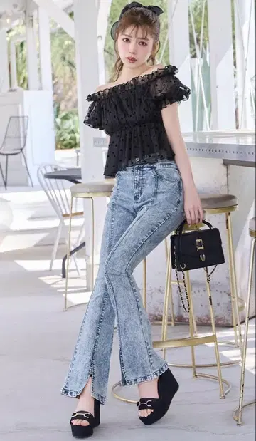cheri mi 슬림 레그 스트레치 플레어 데님 블루 S 사이즈