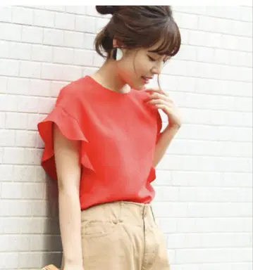Spick & Span 소매 플레어 블라우스 펄 버튼 레드