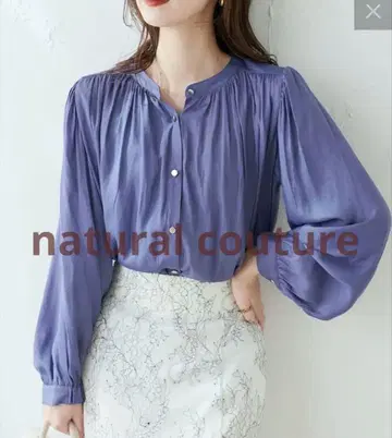 naturalcouture 매트 버튼 드레이프감 새틴 블라우스 블루 긴팔