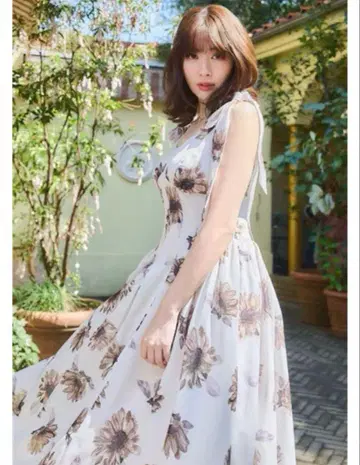 헤르립토 해바라기 프린트 미디 드레스 S