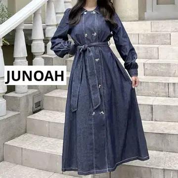 주노아 데님 더블 버튼 원피스 허리 리본 네이비 세일러 카라