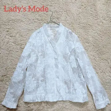 여성용 모드 노카라 시어 자켓 프릴 우아함 꽃무늬 화이트 M