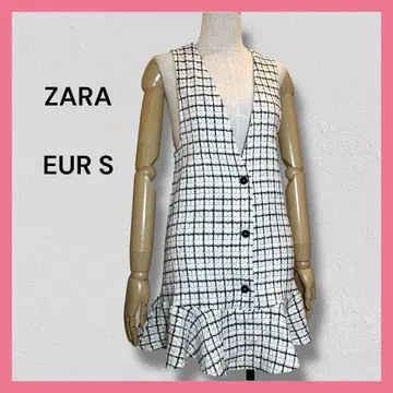 ZARA 자라 [M] 화이트 체크 무늬 슬리브리스 튜닉