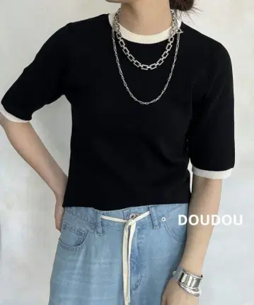 DOUDOU 5부 소매 배색 니트 블랙