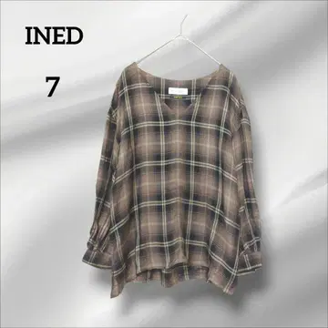 이네드 블라우스 체크 무늬 V넥 긴팔 셔츠 브라운 큐프라 일본제 7