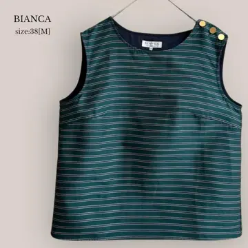 비앙카 BIANCA 슬리브리스 블라우스 보더 그린 버튼 디자인
