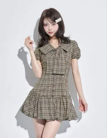 다리치 빅 리본 벌룬 체크 미니 원피스 BEG