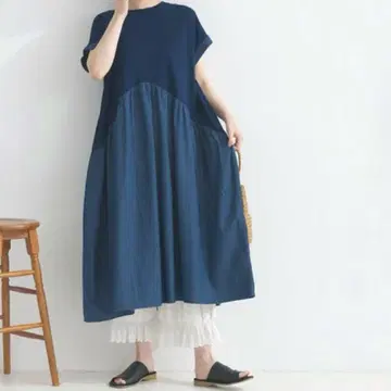 새상품 도킹 원피스 데님 인디고 코튼 네이비 프리