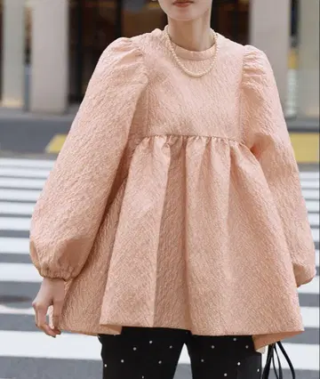 엘프 랭크 볼륨 슬리브 부푼 자카드 티어드 블라우스