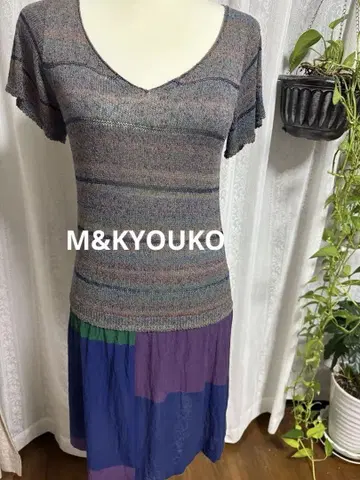 M&KYOKO 멀티 컬러 니트 V넥 반팔 원피스 튜닉