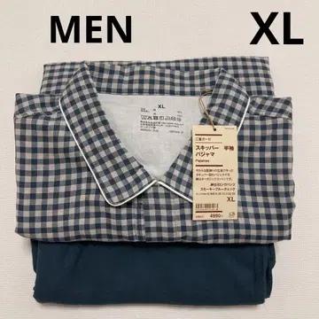 무인양품 신사 이중 거즈 파자마 스모키 블루 체크 XL