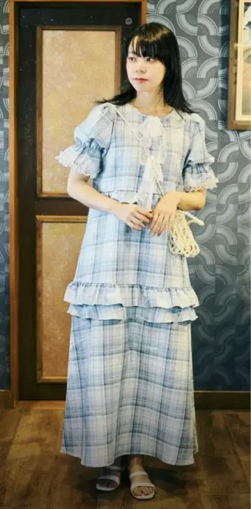 택 포함 미사용 새상품 큐티와 레트로 레이스 리본 체크 프릴 원피스 S