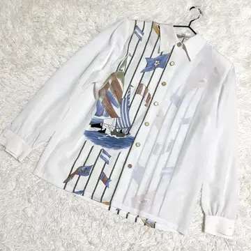 카트 프린트 셔츠 긴팔 어깨 패드 매끈매끈 프랑스제 (42)