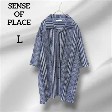 센스 오브 플레이스 반팔 멀티 오픈 카라 레이스 셔츠 파랑 L