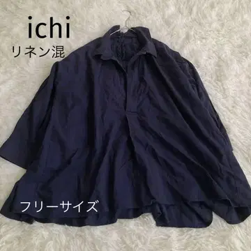 세탁 가능한 ichi 린넨 혼방 셔츠 네이비 리본 루즈한 프리 사이즈