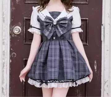체크 무늬 프릴 옷깃 셋업
