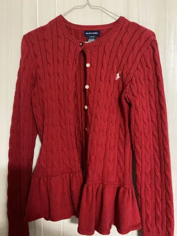 Ralph Lauren 빨간색 케이블 짜임 스웨터 L 프릴 가디건