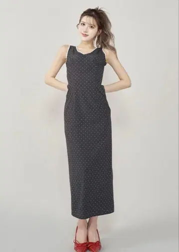 다리치 도트 개더 롱 원피스