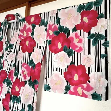 유카타 세로 줄무늬 꽃무늬 반폭 오비 핑크 블랙