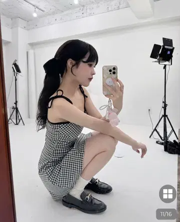 NUGU kanunu 체크 미니 원피스 리본 시스루 볼레로 아카리