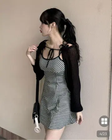 NUGU kanunu 체크 미니 원피스 리본 시스루 볼레로 아카리