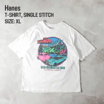 Hanes 90s USA제 프린트 T 싱글 스티치 화이트 XL