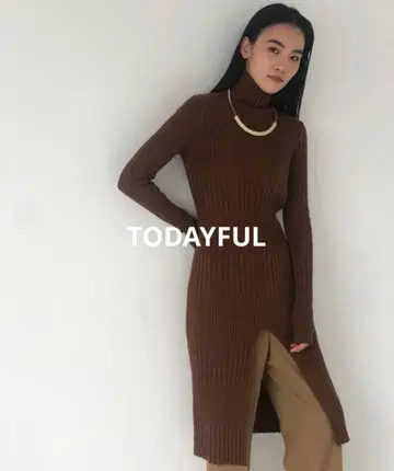 투데이풀 슬릿 리브 니트 원피스 긴팔 캐시미어 혼방 롱 기장 브라운