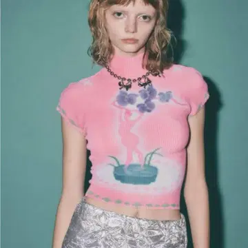 핑크 반팔 musubore pleated print tops
