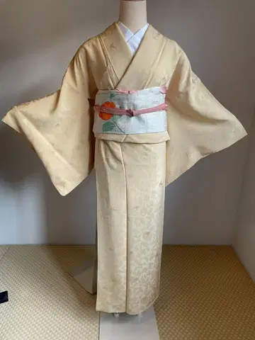 순수 실크 앤티크 연한 노랑 컬러 이로무지 꽃무늬 오비