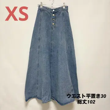 수입 하이 웨스트 데님 롱 스커트 XS 플레어 버튼 맥시