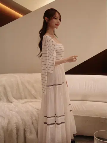 니트 콤비 턱 티어드 원피스 워셔블 가디건 세트