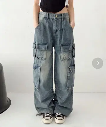 FOLLOWIN 포켓 카고 워싱 데님 팬츠