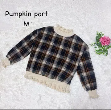 Pumpkin port M 체크 무늬 니트 긴팔 밑단 프릴 걸리시