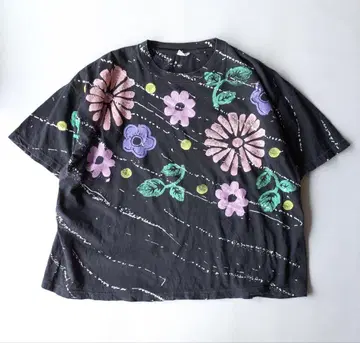 80's 빈티지 티셔츠 반팔 플라워 꽃무늬 핸드 페인트 짧은 기장
