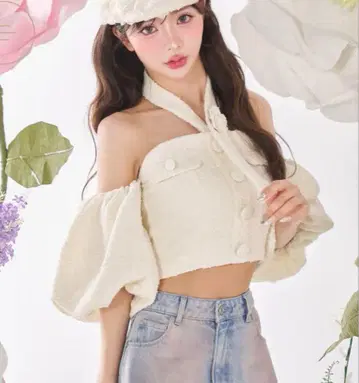 darich 홀터넥 오프숄더 트위드 상의 화이트