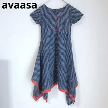 avaasa 반팔 원피스 무릎 기장 원피스 스트라이프 네이비 L