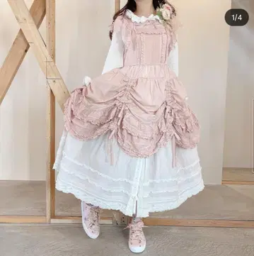 핑크 하우스 로즈 레이스 사용 원피스 에이프런 드레스