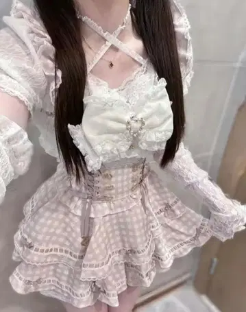 LIZLISA 풍 사다리 리본 깅엄 티어드 치마바지 핑크