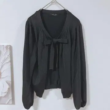 MICHEL KLEIN 긴팔 가디건 프론트 오픈 리본 라메 블랙
