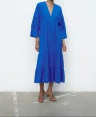 ZARA 린넨 혼방 롱 원피스 블루 루즈핏