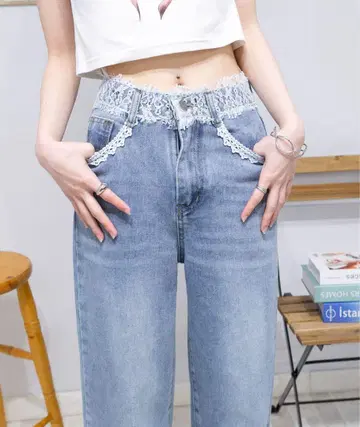 허리 레이스 데님 팬츠