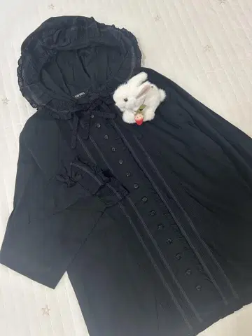 핑크하우스 후드 긴팔 블라우스 면 로른 리본 블랙 피코 프릴 리본