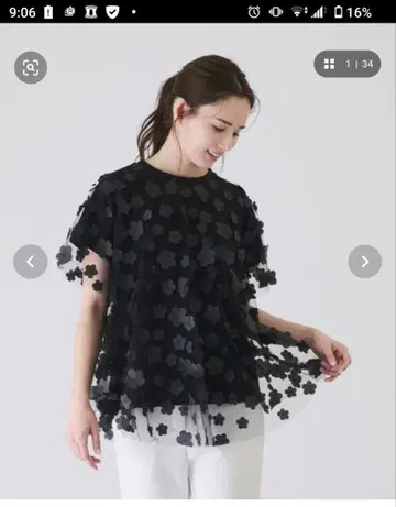 블랙 튤 꽃무늬 반팔 티셔츠