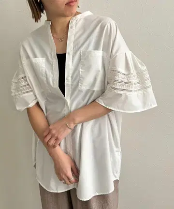 LHELBIE 레이스 절개 튜닉 셔츠