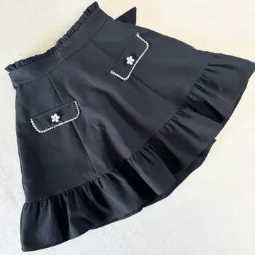 앙크루즈 프릴 리본 플레어 스커트 블랙 M 걸리시 페미닌