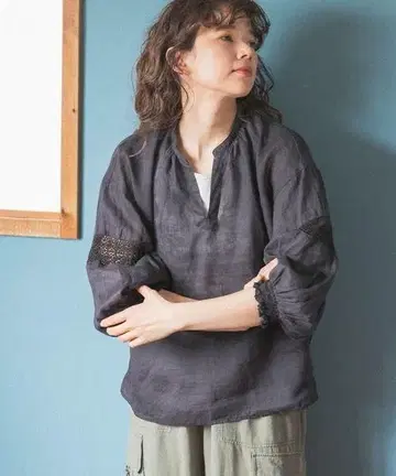 FINE 린넨 레이스 콤비 블라우스 블랙 L