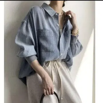 DOUDOU 두두 소매 리브 시어 데님 셔츠 색스 블루 새상품급