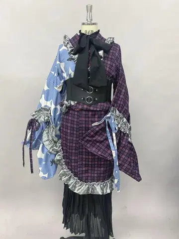 체크 유카타 의류 학생 기모노 밴딩 오비 포함 세트 보라색 파랑