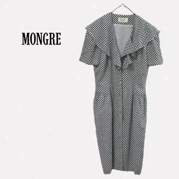 몽그레 [M] 도트 무늬 프릴 원피스 빅 칼라 골드 버튼