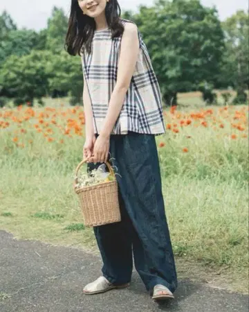 무인양품 마드라스 체크 슬리브리스 블라우스 아이보리 체크 L